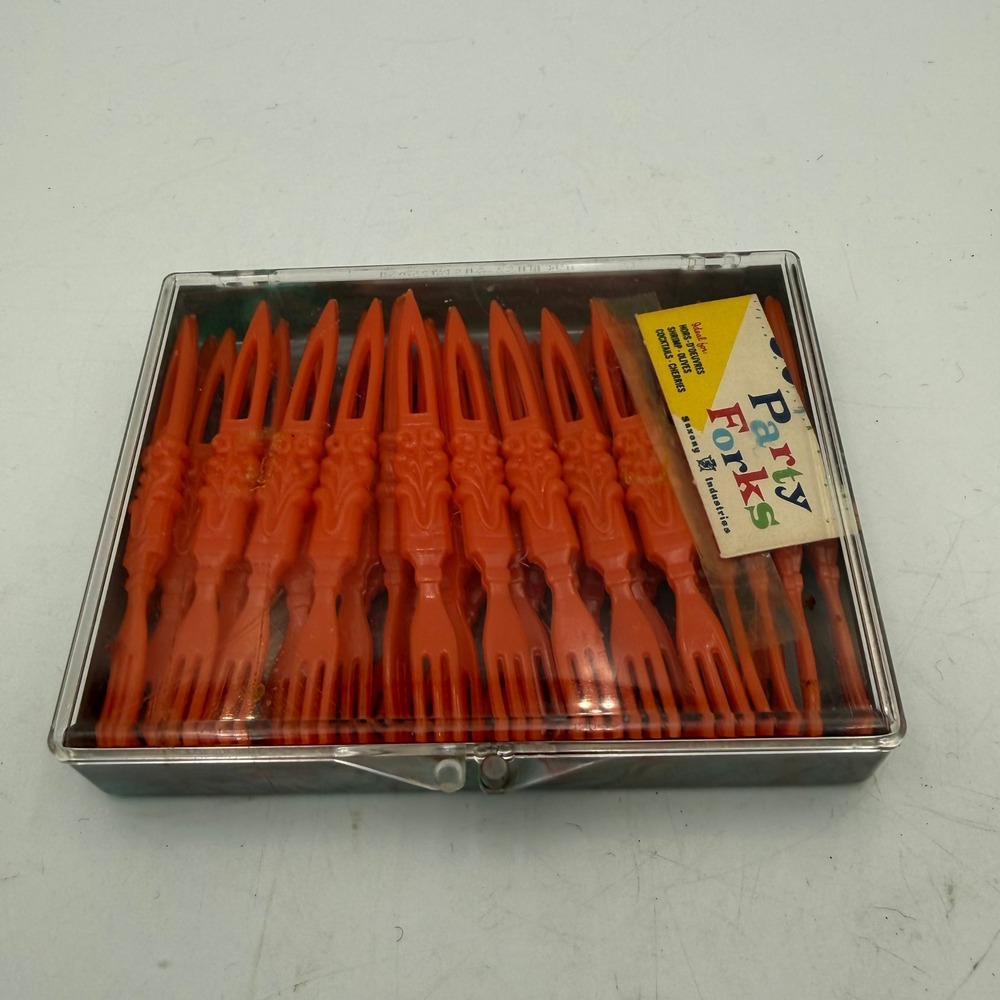 Vintage Saxony Industries Orange Plastic Party Forks Cocktail Picks Tiki Set 20p